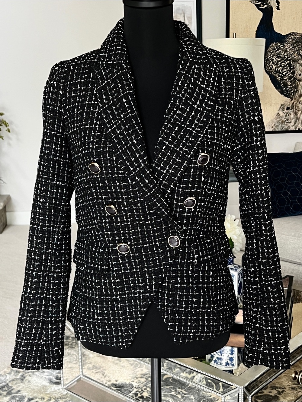 Rachel Zoe Black and White Tweed Double-Breasted Blazer